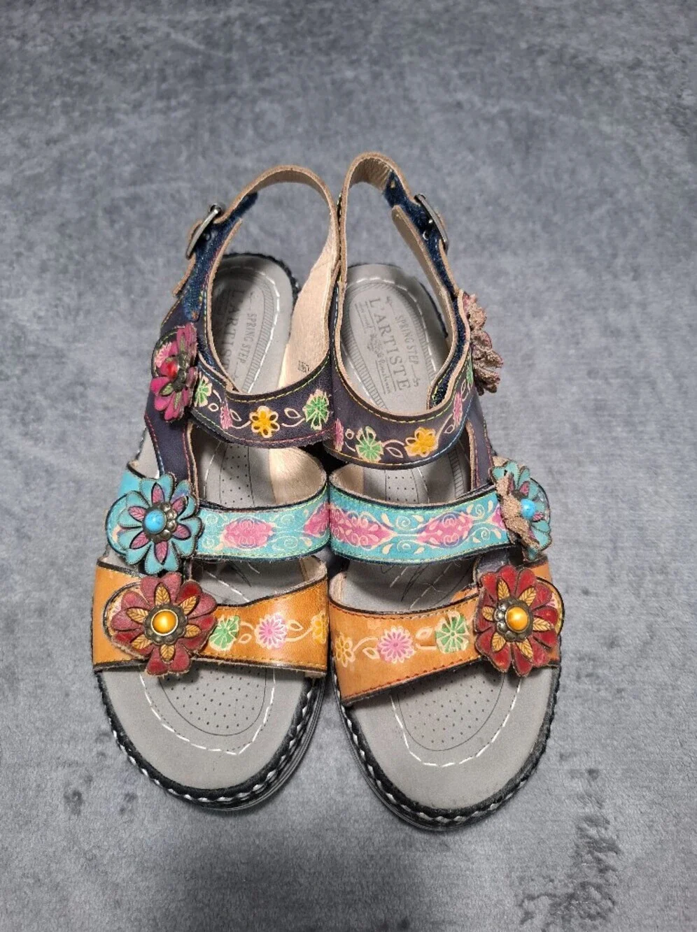 L'ATISTE Spring Step Multicolor Floral Leather Slingback Sandals Hand Painted 38